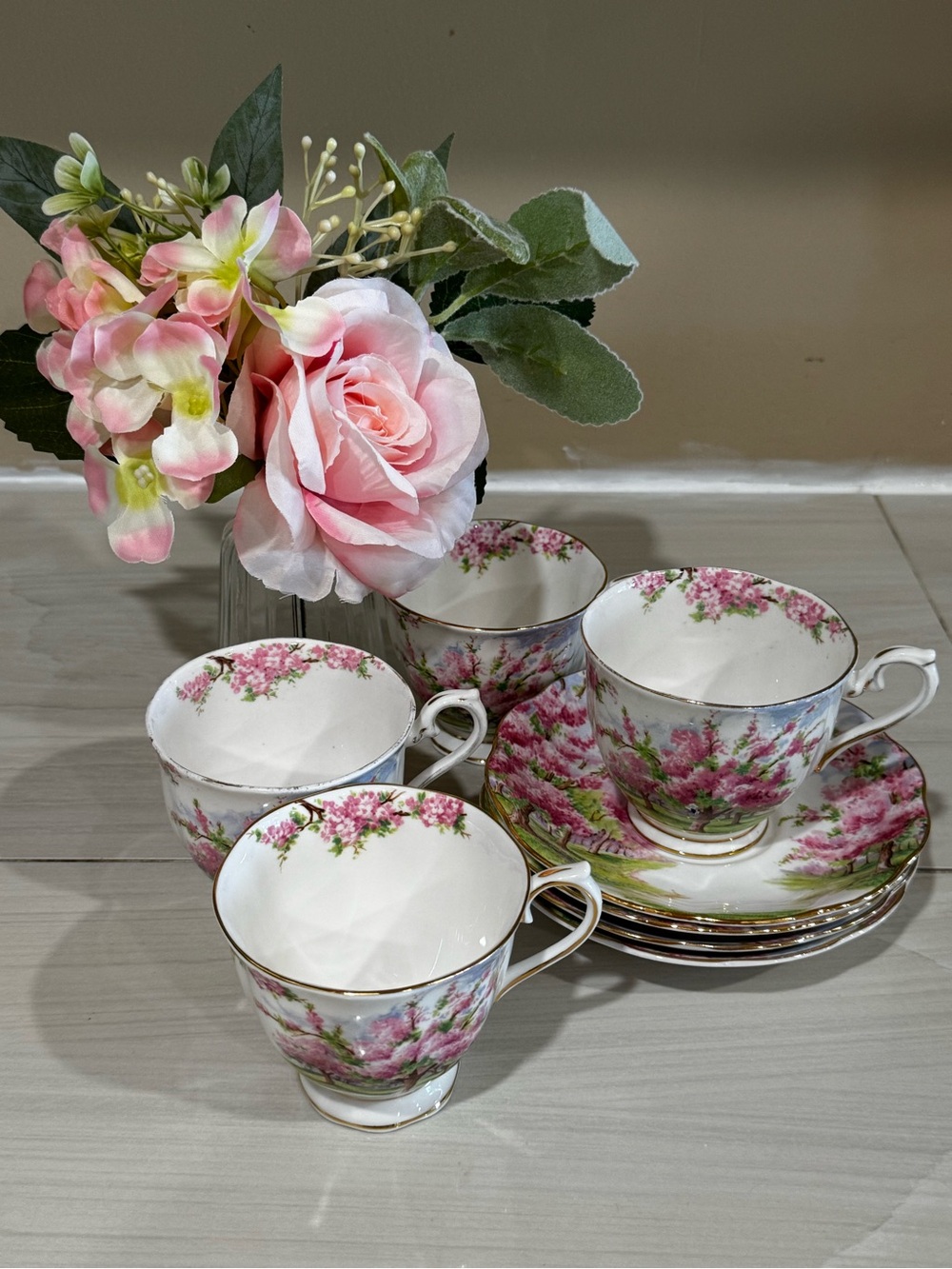 Elegant Pink Royal Al Blossom Bone ChinaTeacup Set - Floral China Cups & Saucers